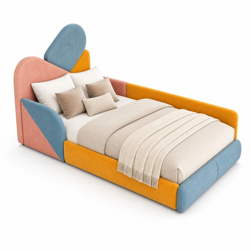 Letto imbottito per bambini 90x200 cm, patchwork multicolore, con sponde laterali rialzate, velluto