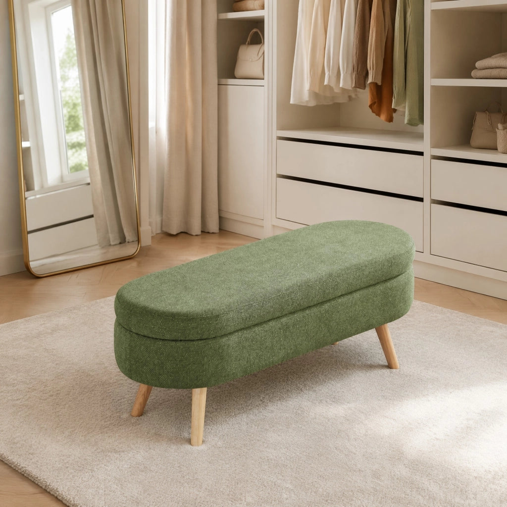 Panca contenitore 110 cm in chenille verde, struttura MDF robusta, con vano portaoggetti e fori di ventilazione
