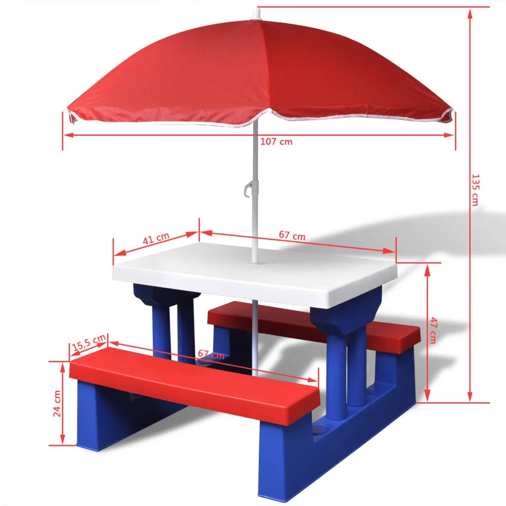 Tavolino da Giardino | Tavolo e Panchine Picnic per Bambini con Parasole Multicolore