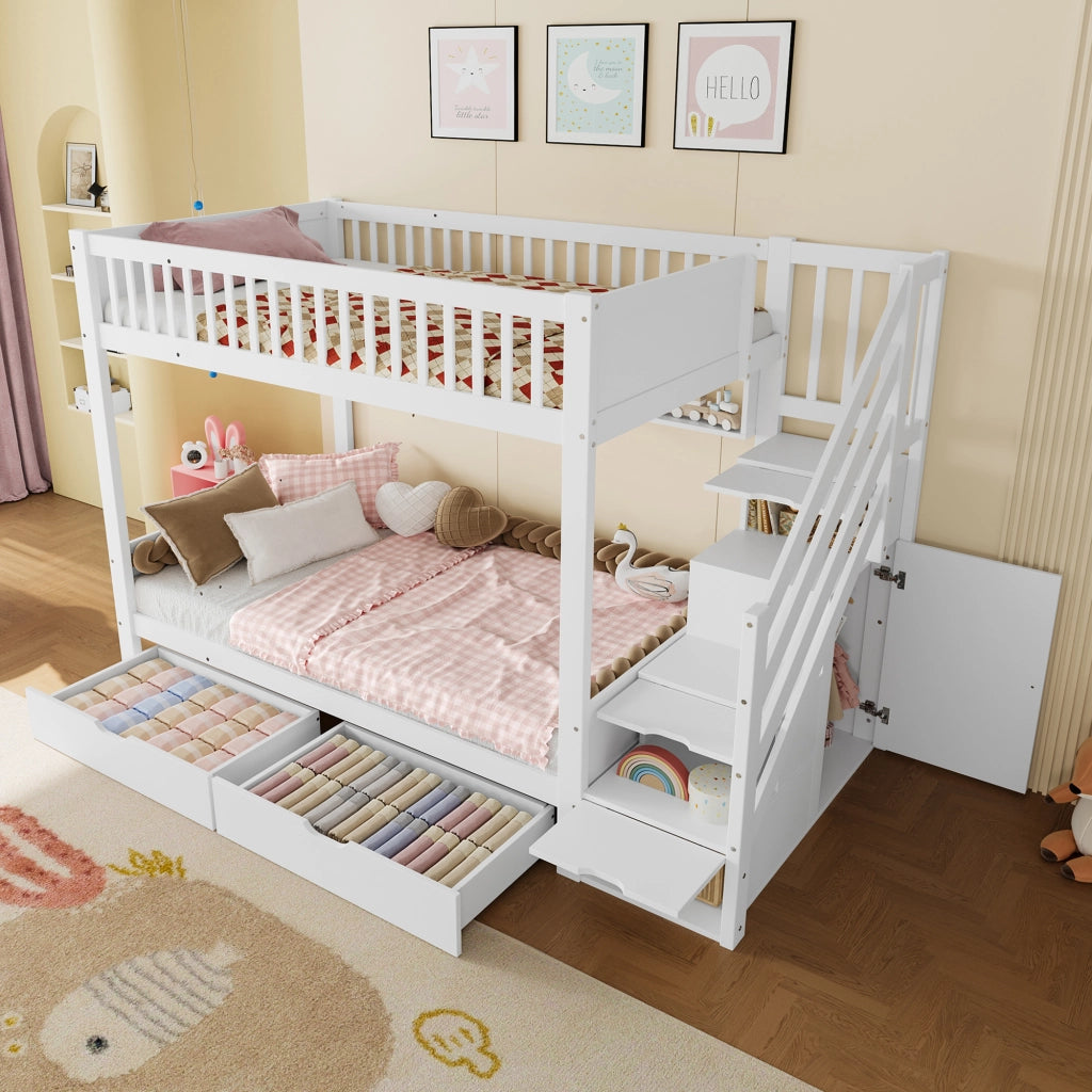 LETTO a castello 90x200 cm Bianco con armadio, cassetti e scaffali