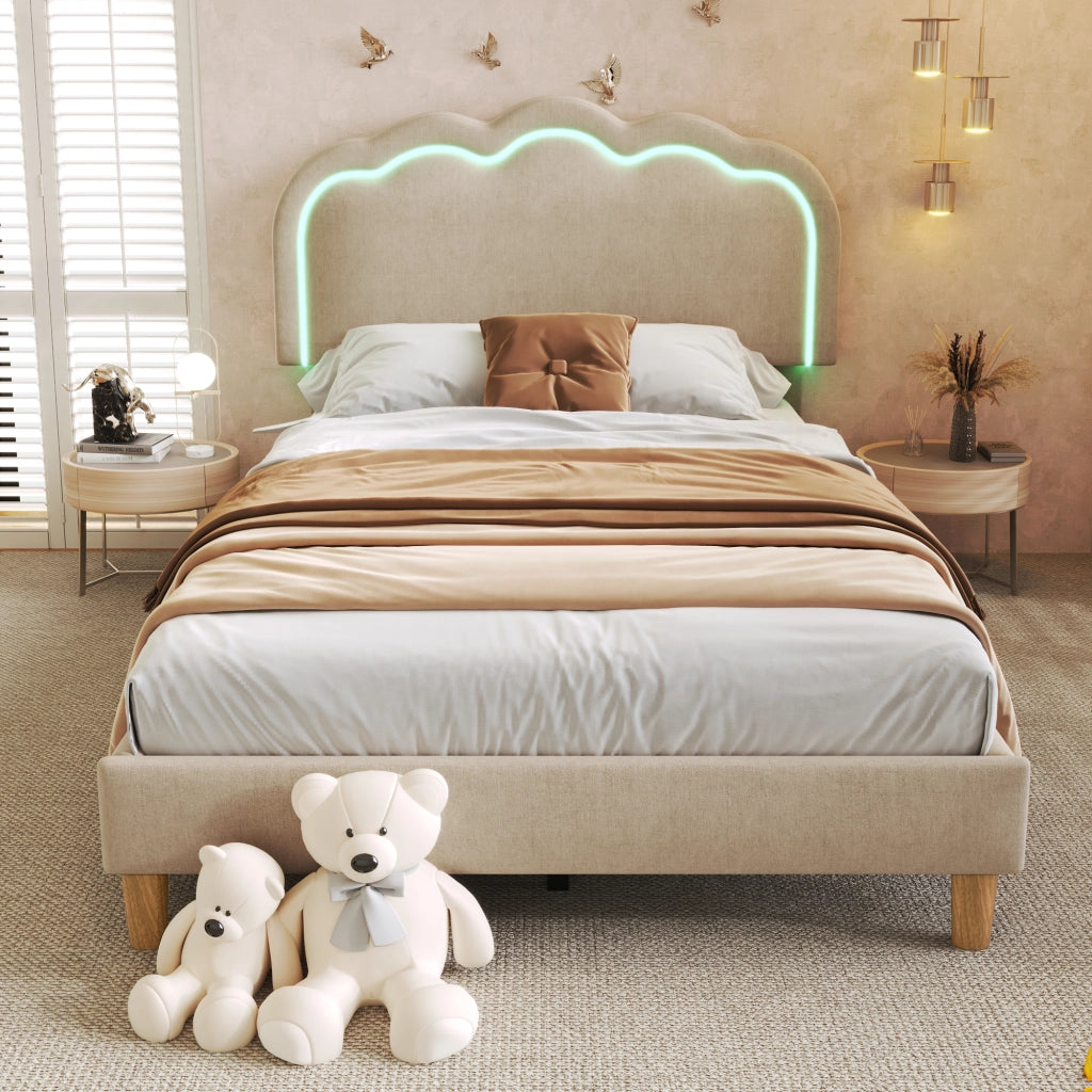 LETTO imbottito LED 90x200 cm beige con testiera regolabile