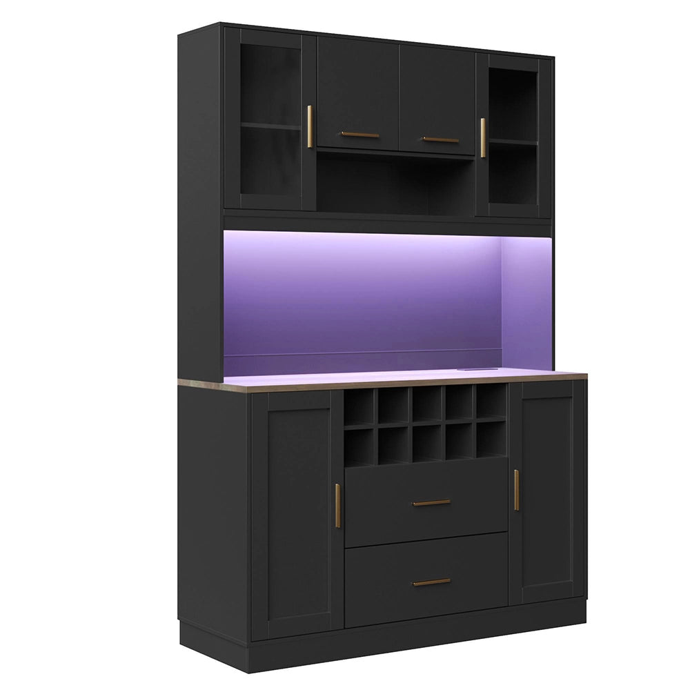 Armadio laterale per cucina - Xylo - 120x36,3x180 cm - Nero/Bianco - Illuminazione LED e presa di corrente