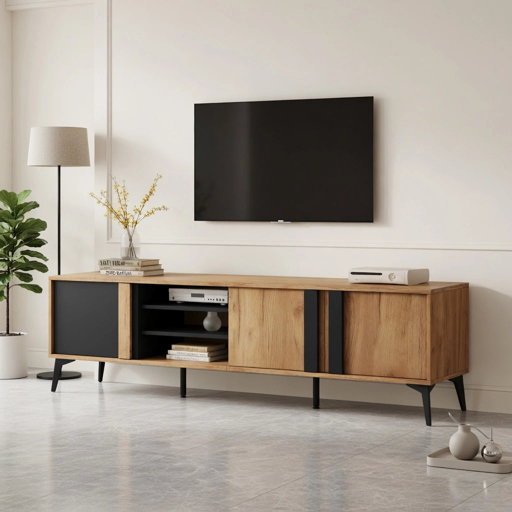 Cassettiera per TV marrone e nero in truciolare lunghezza 180 cm