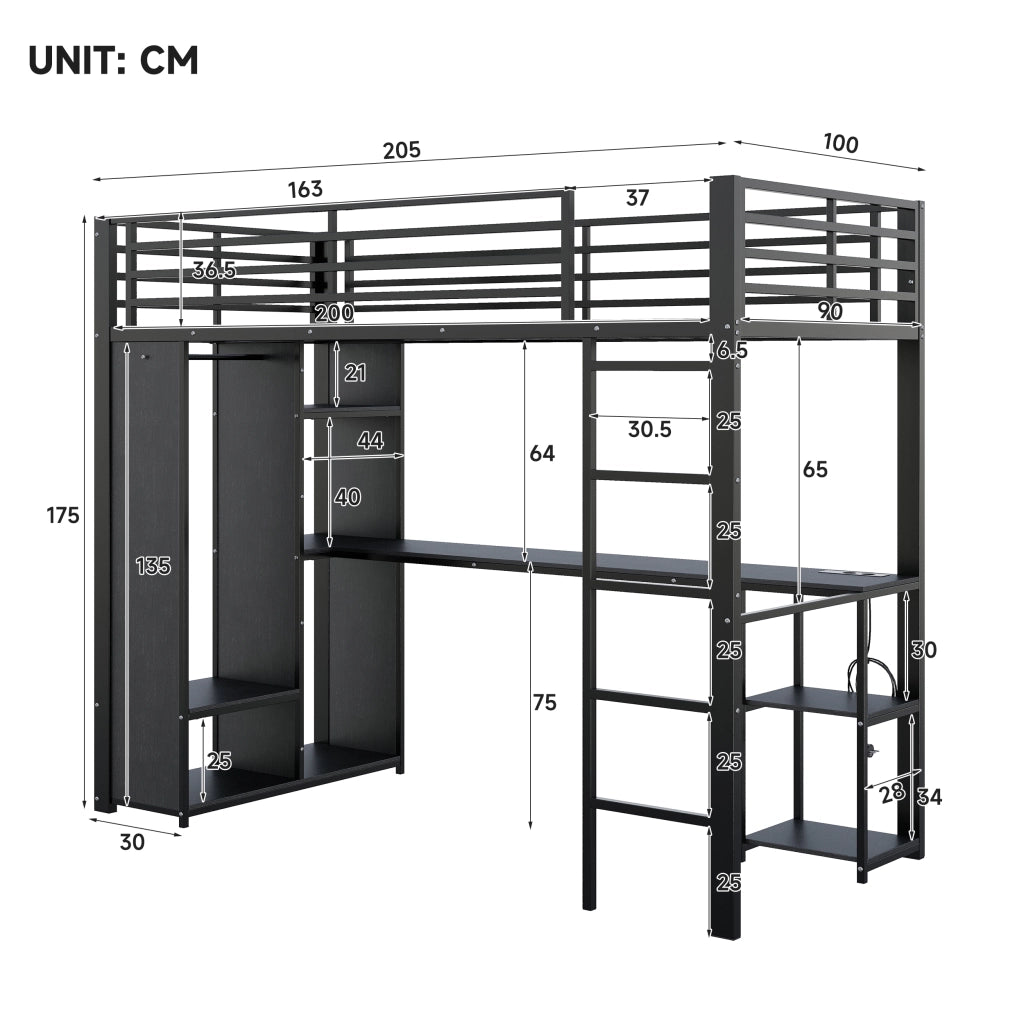 letto a castello mdf e metallo nero 90 x 200 cm