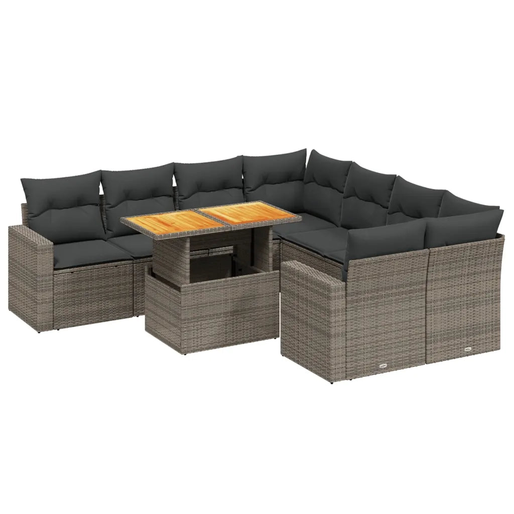 Set Divano da Giardino 9 pz con Cuscini Grigio in Polyrattan