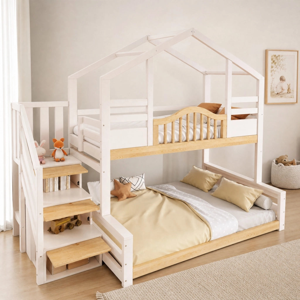Letto a castello a casetta con scaletta contenitore 90/140x200 cm; bianco e legno