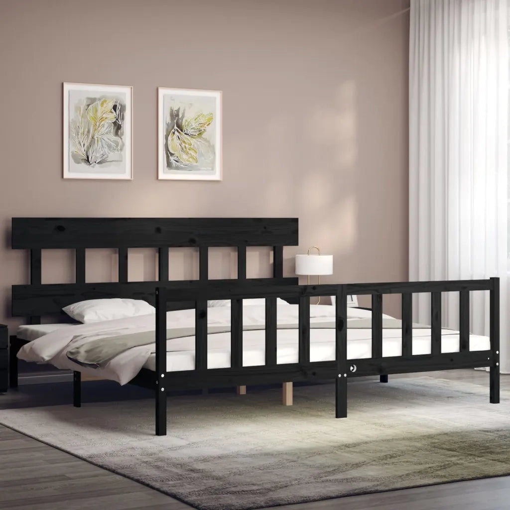 Giroletto con Testiera-Struttura Letto con testiera Nero 200x200 cm in Legno Massello 219820