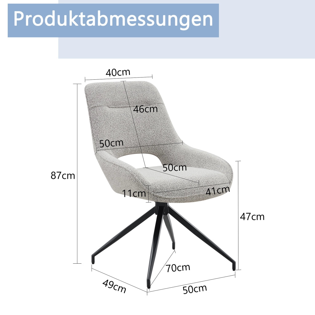 Sedia da pranzo girevole 360° con braccioli in tessuto strutturato e metallo nero grigio beige 80 × 47 × 56 cm