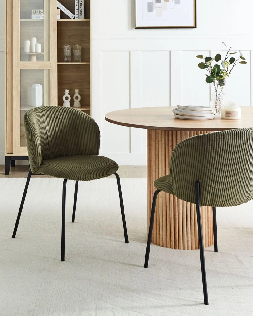 Set di 2 sedie da pranzo in velluto verde oliva stile retrò seduta rotonda