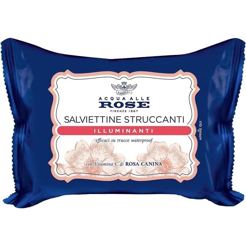 ACQUA ALLE ROSE SALVIETTINE STRUCCANTI ILLUMINANTI PER PELLI SPENTE E VITAMINA C DI ROSA CANINA VISO OCCHI E LABBRA 20 PZ