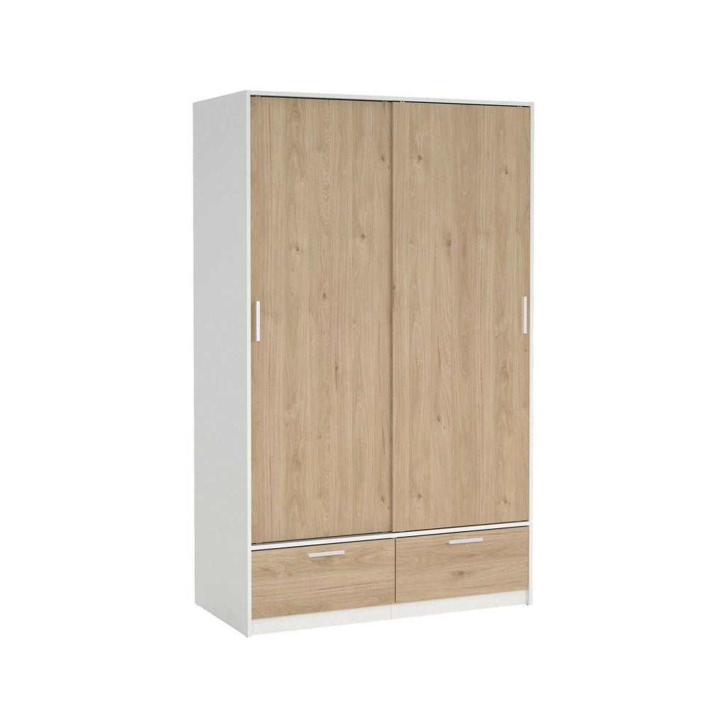 Guardaroba 2 ante Kammuri, Mobile camera da letto, Cabina armadio portabiti, Armadio appendiabiti, 121x60 h200 cm, Bianco e Rovere