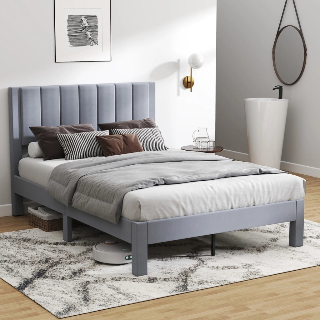 Struttura letto matrimoniale 200x140 CM con testiera in velluto morbido e supporto doghe-Letto piattaforma imbottito Grigio