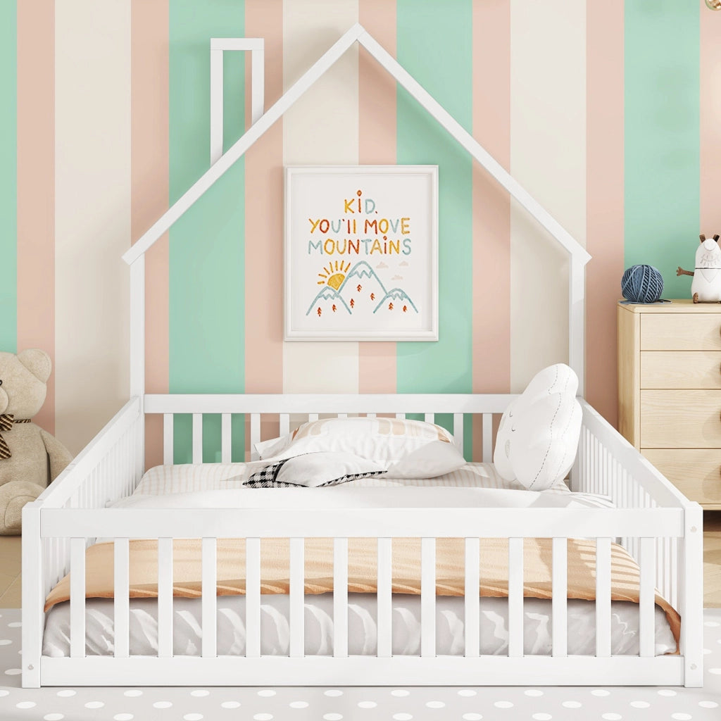DESMIU Letto per Bambini 140 × 190 cm 2 Posti con Sponde di Sicurezza, Senza Materasso, in Pino e MDF, Bianco