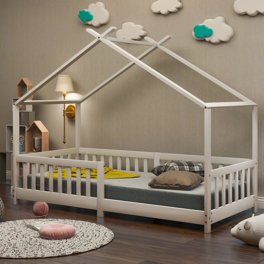 "Vendita vietata in Germania" Bellissimo letto a casetta, letto per bambini, in legno massello con sponda e rete a doghe, con protezione anticaduta pe