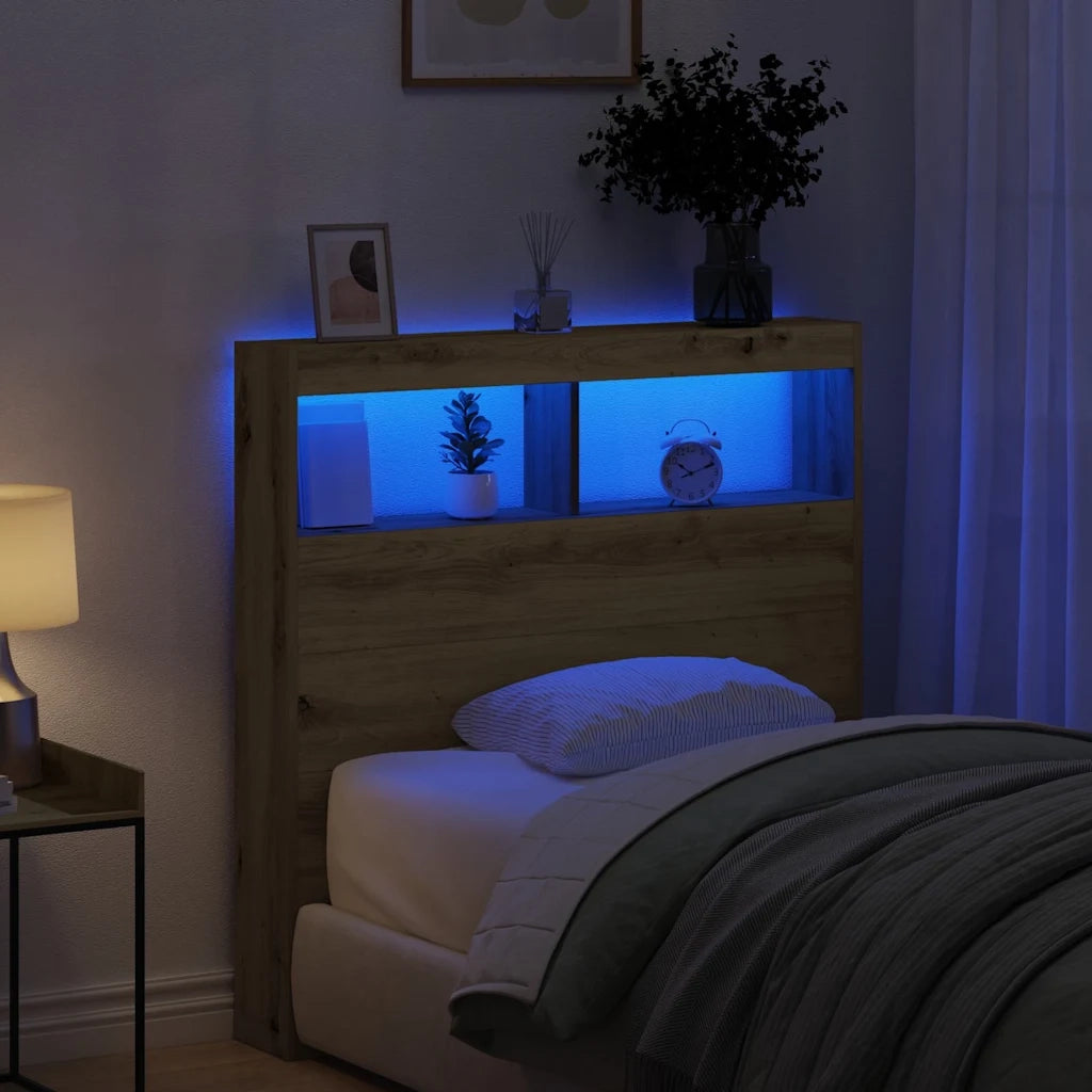 Testiera | Testata con Contenitore a LED Rovere Artigianale 100x17x102 cm