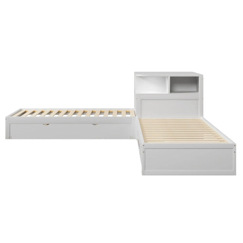 Letto singolo con letto estraibile 90x200 cm LEMONMAX, contenitore con ante scorrevoli e LED, salvaspazio per cameretta, pino e MDF, bianco