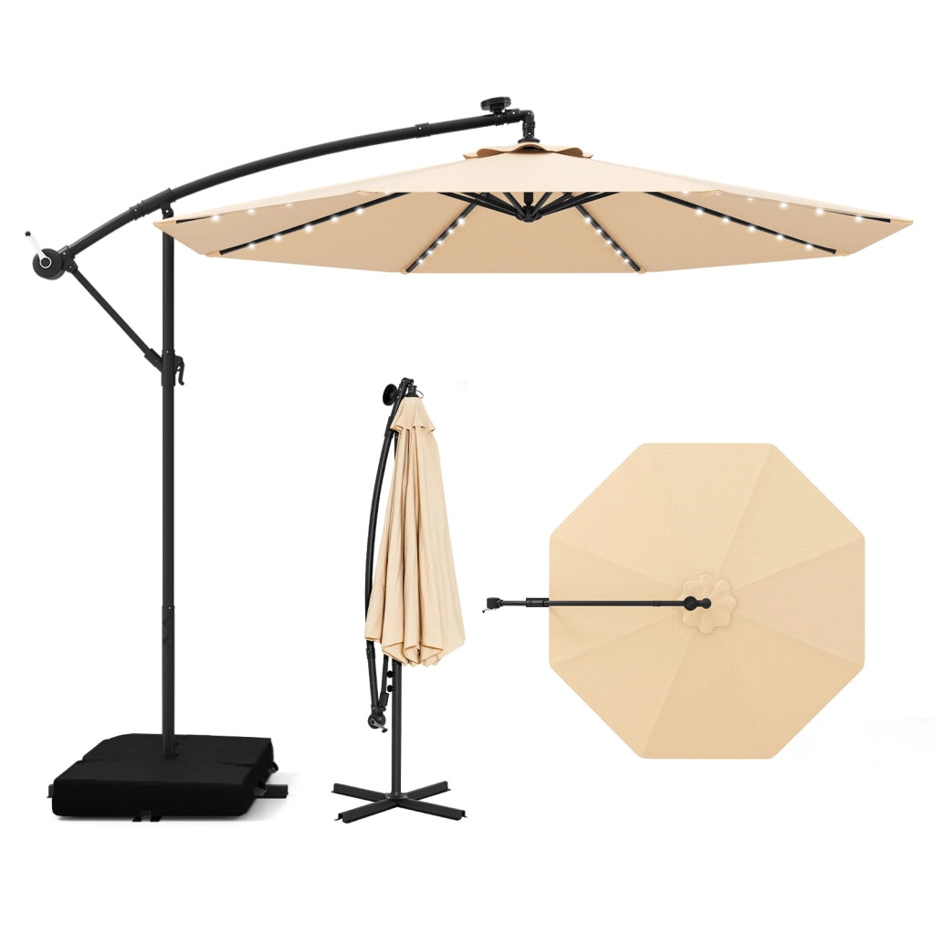 Ombrellone da 300 cm con supporto e luci LED, ombrellone a braccio con manovella, ombrellone da giardino, protezione UV, ombrellone da mercato, ombrellone da patio per giardino, piscina, terrazzo, beige
