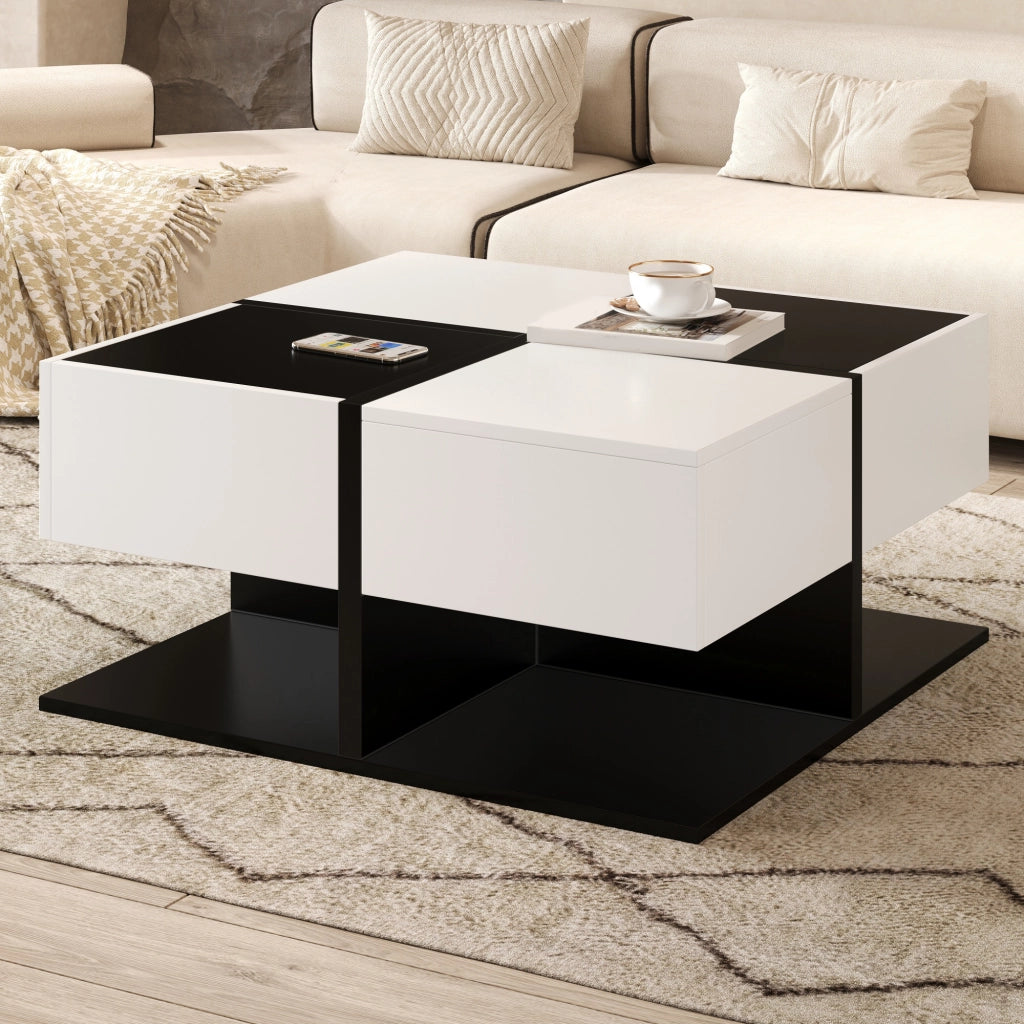 Tavolino da Salotto Quadrato Nero e Bianco con 2 Cassetti, 70 x 70 x 35,5 cm, in Truciolare, con Struttura Stabile e Guide Scorrevoli