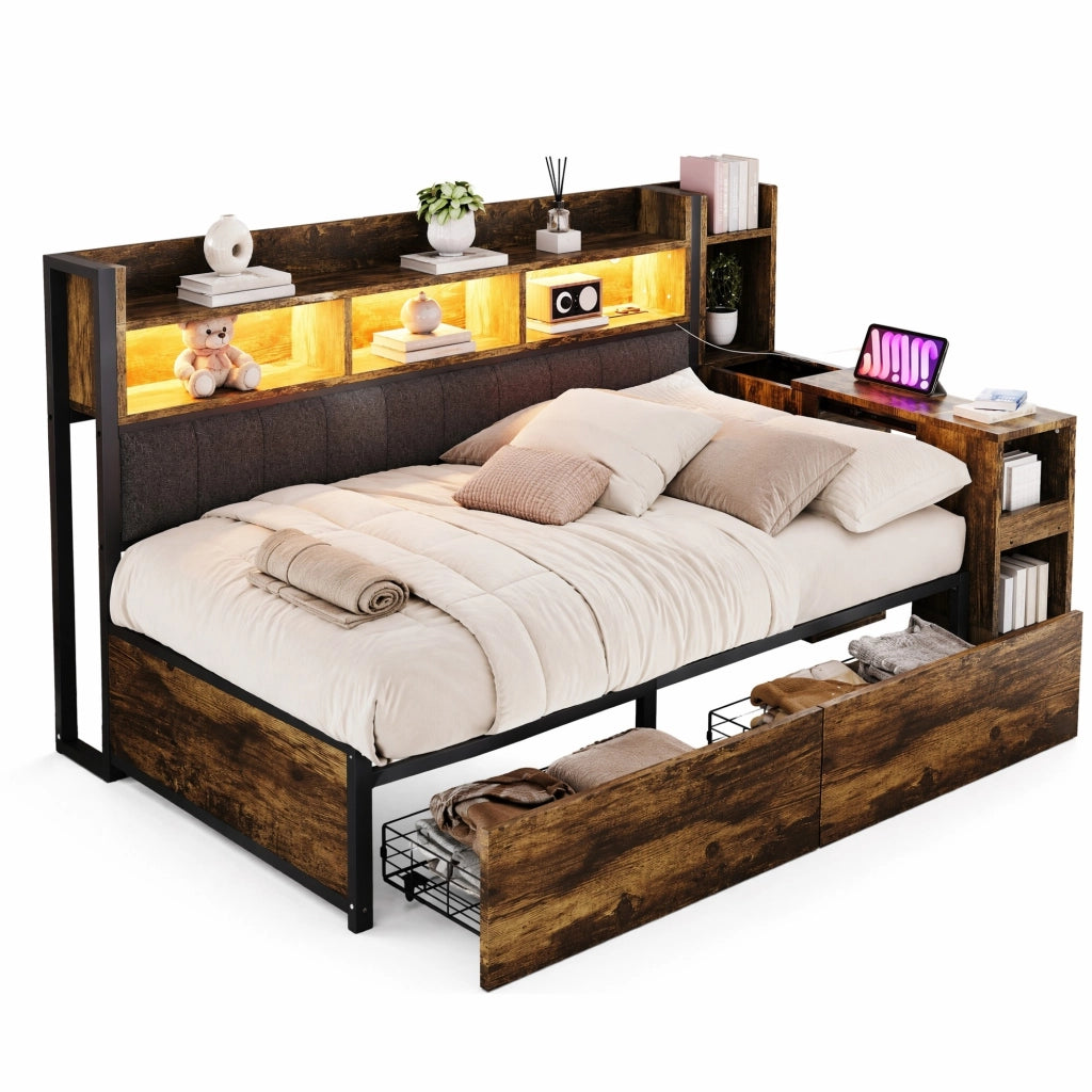 Letto singolo multifunzione 90x200 cm in metallo e legno; color legno naturale; con scrivania e vani contenitore