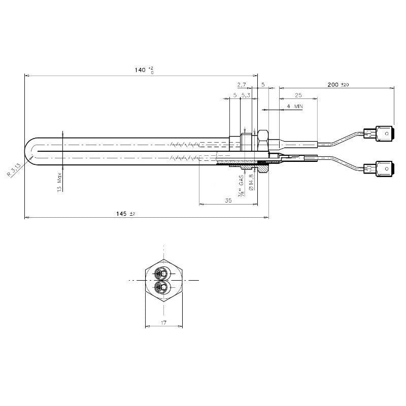 IDH63778  Resistenza accensione ricurva per stufe a pellet, con raccordo filettato 3/8" GAS.