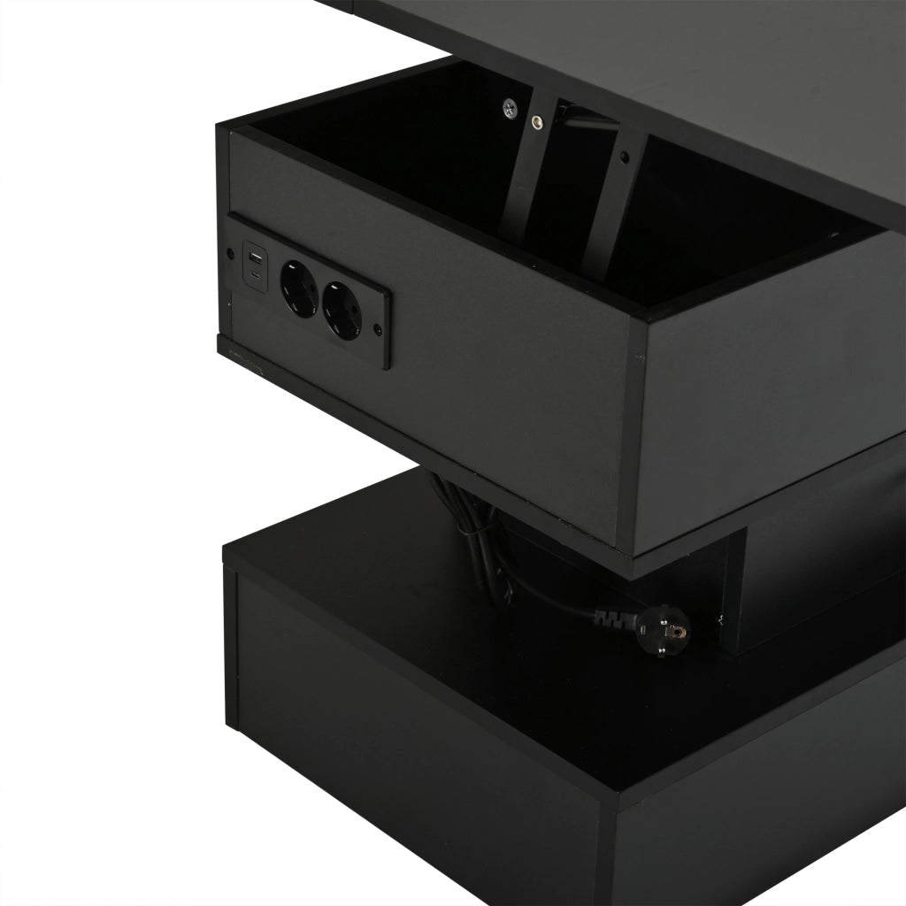 Tavolino da salotto elevabile con vano contenitore; LED e presa integrata per soggiorno; 100×50×51.5 cm