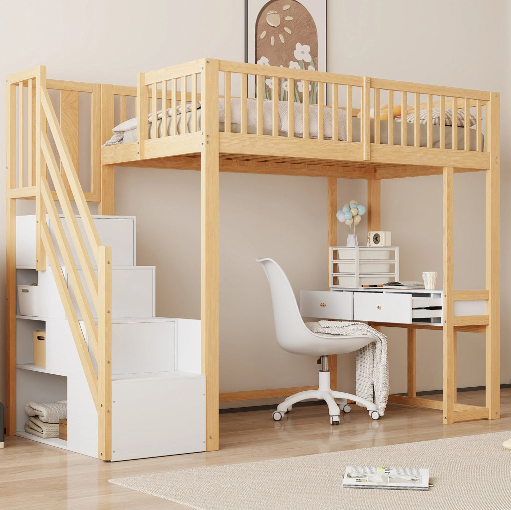 Letto a soppalco 90x200 con scrivania multifunzione e scala contenitore