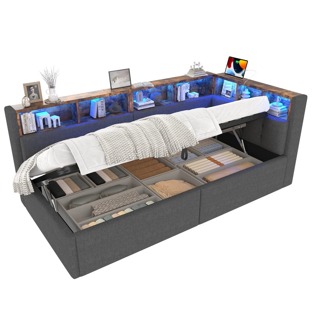 Letto Diurno con Contenitore e LED ¨C Xylo ¨C Tessuto Grigio 90x200 cm