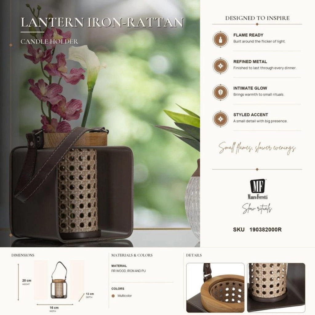 Lanterna in ferro e rattan con manico in cuoio CM 16x13x20