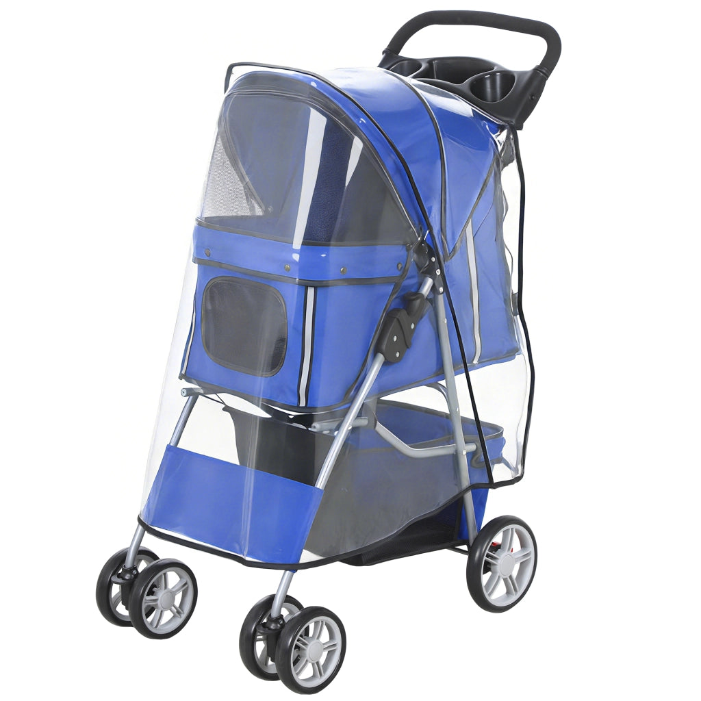 Passeggino per Cani Pieghevole con Copertura Antipioggia, Ruote Girevoli e Cuscino Lavabile, Blu