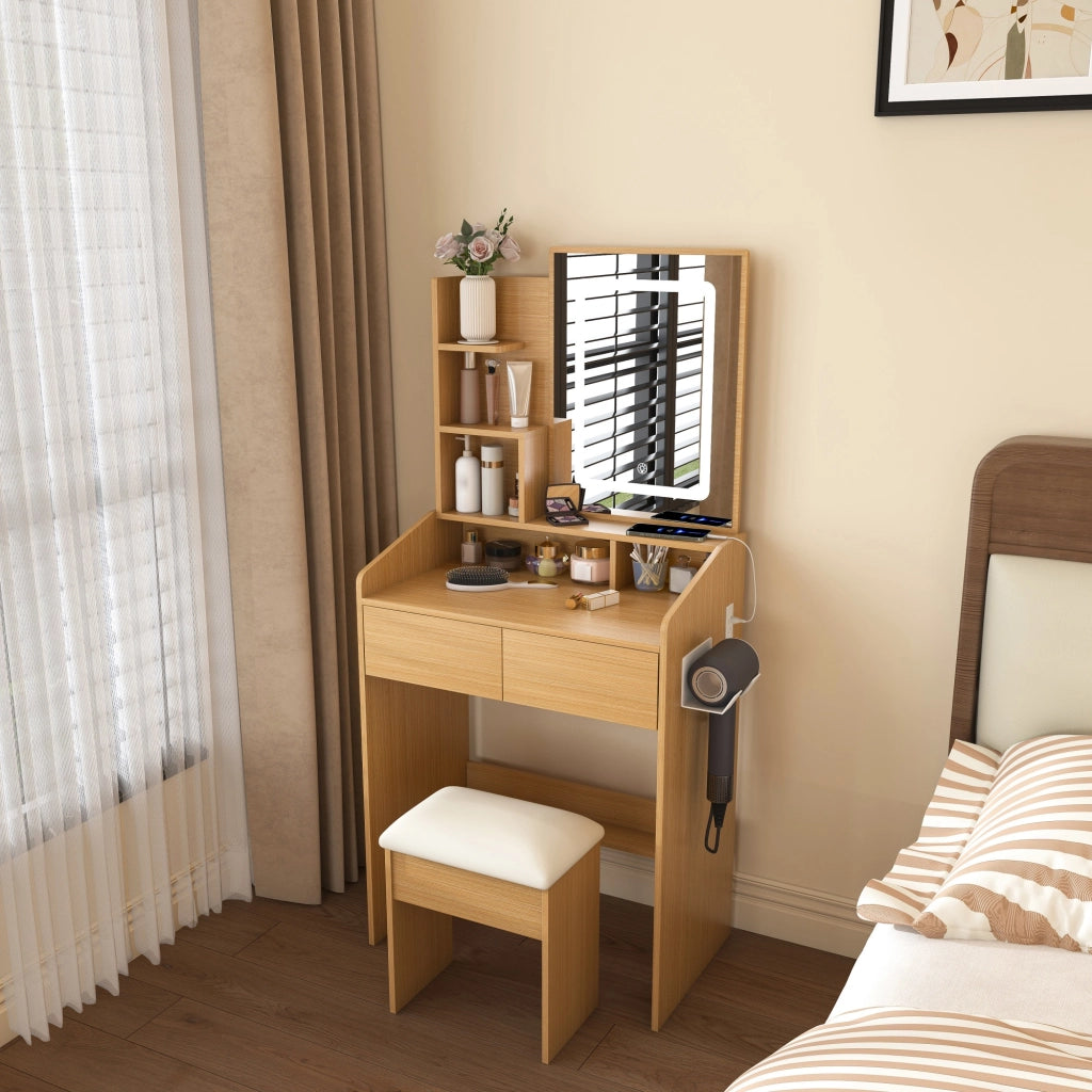 Scrivania Toeletta con Specchio LED e Sgabello Imbottito ¨C MINIMAL ¨C Legno, 60x36x130 cm