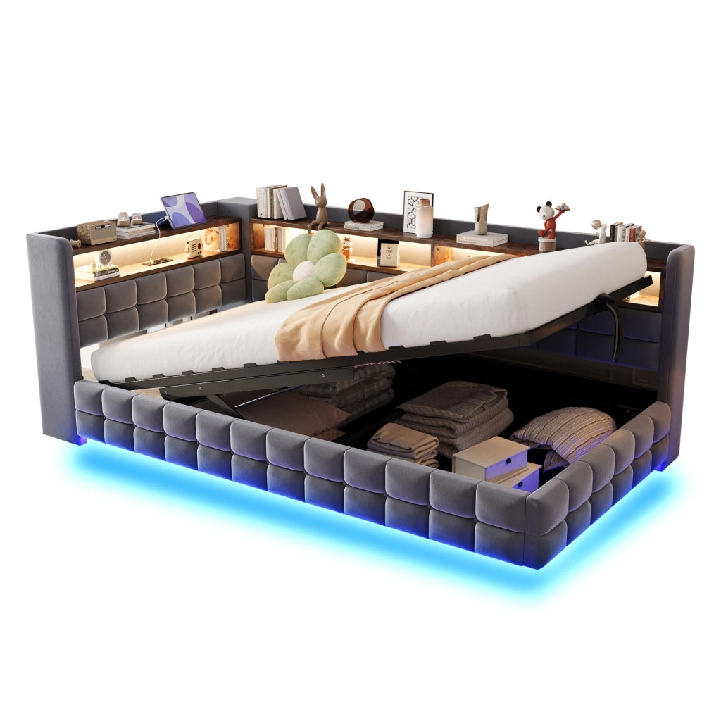 Letto a Divanetto Singolo 90x200 cm; Contenitore idraulico; USB; Type-C e LED - Grigio