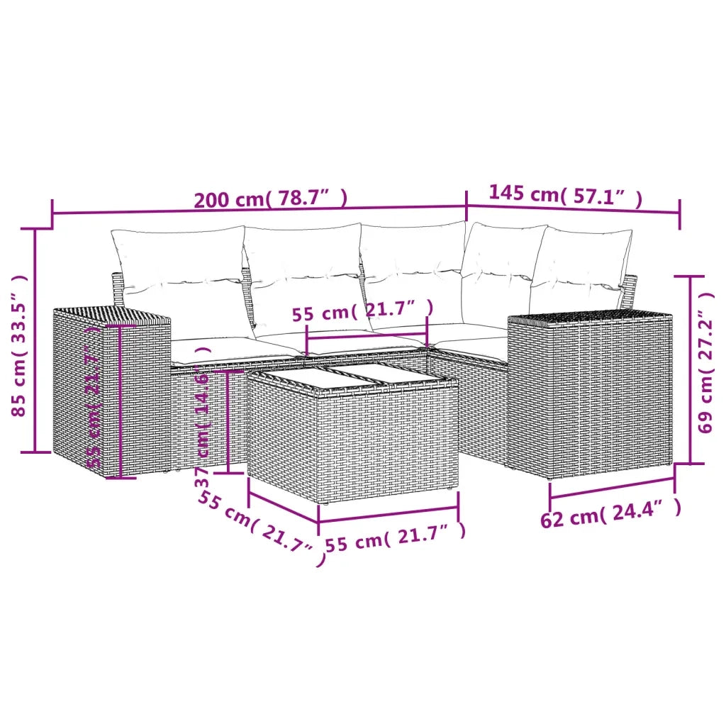 Set Divani da Giardino 5 pz con Cuscini in Polyrattan Nero