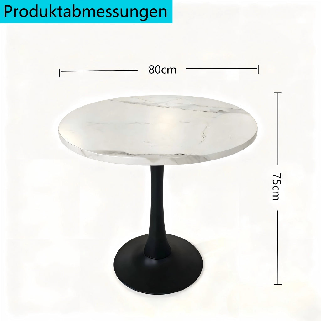 Tavolo rotondo moderno da 80 cm con piano effetto marmo bianco e base in metallo nero