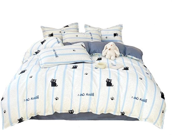Set di lenzuola microfibra chiusura a righello lavabile - strisce bianche e blu - per gatti - copriletto 150x200 cm - lenzuolo 200x230 cm - cuscino 48 cm