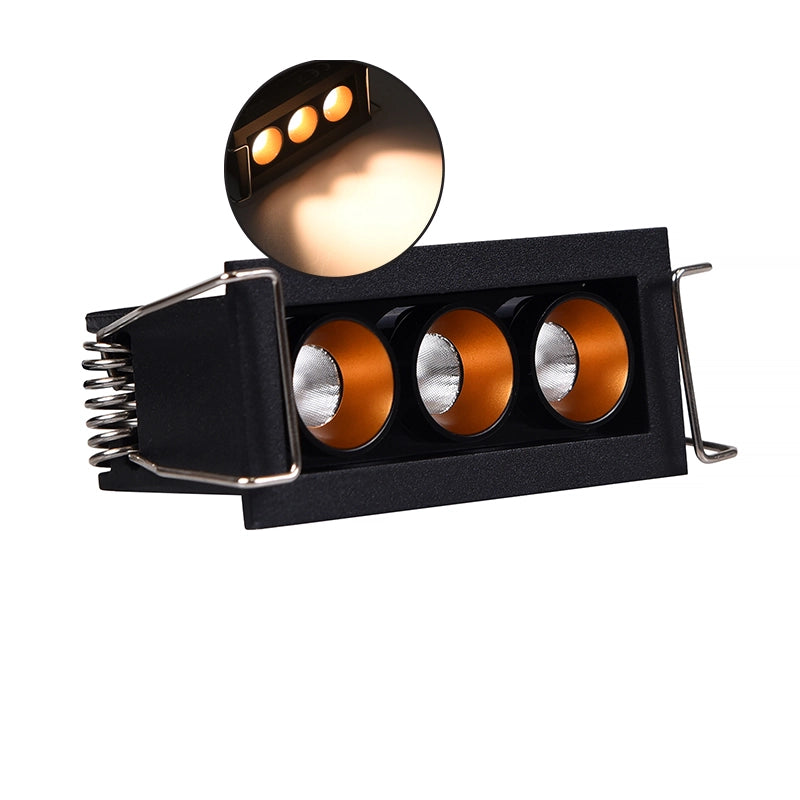 FARETTO LED RETTANGOLARE NERO DA INCASSO PER CONTROSOFFITTI 6W LUCE CALDA 3000K - DESIGN INNOVATIVO CON CONO DI PROIEZIONE IN COLORE BRONZO