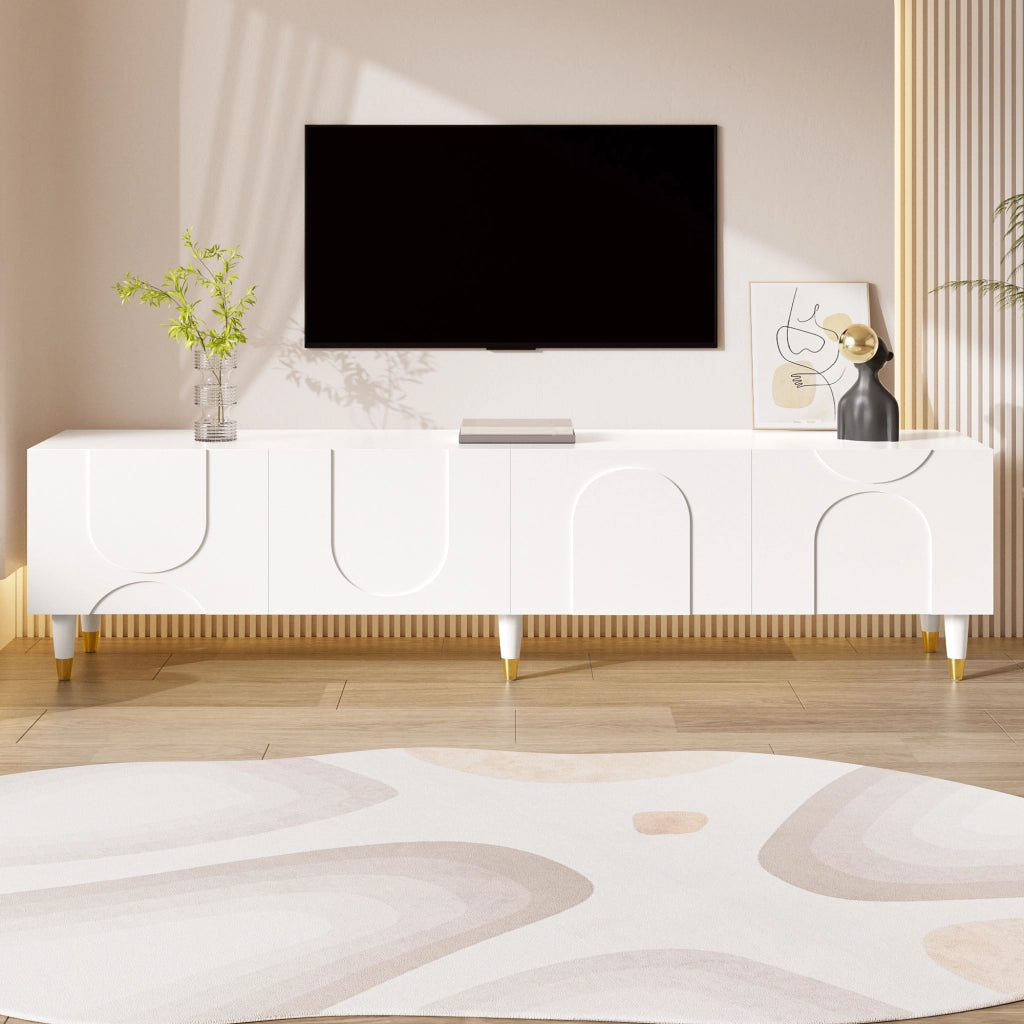 Mobile TV con 4 ante ad arco asimmetrico, ripiani e passacavi, gambe in legno massello, bianco, 180 × 40 × 50 cm