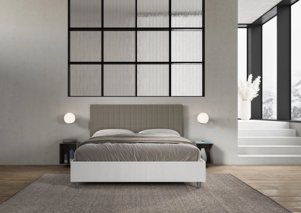 BS COM Letto matrimoniale contenitore 160x200 bianco frassino testata similpelle cappuccino