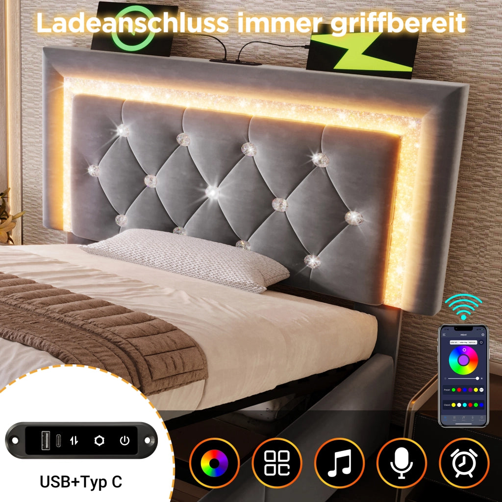 Letto imbottito idraulico con luci LED e porta USB 90x200 cm velluto grigio