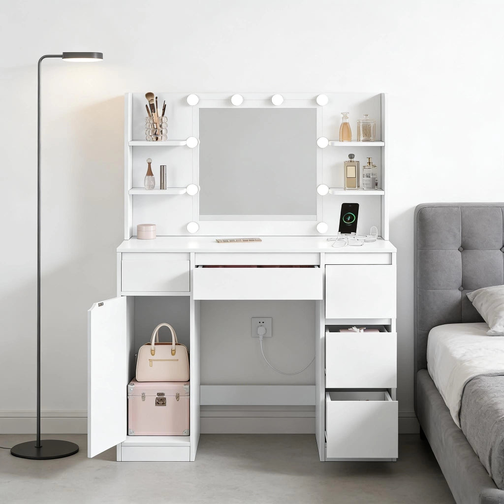 Toeletta con 5 cassetti; 4 ripiani aperti e armadio con anta; specchio e LED per camera da letto; 110×40×140 cm
