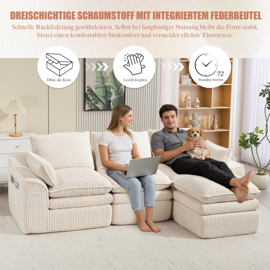 Divano modulare 3 posti - con pouf; tasche laterali e cuscini - in corduroy beige