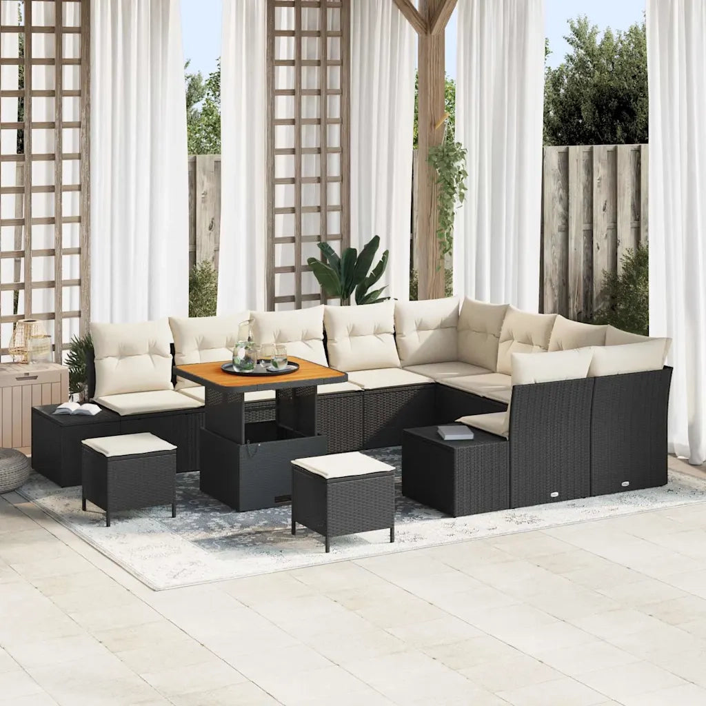 Set Divano da Giardino con cuscino 12 pcs Nero Poly Rattan