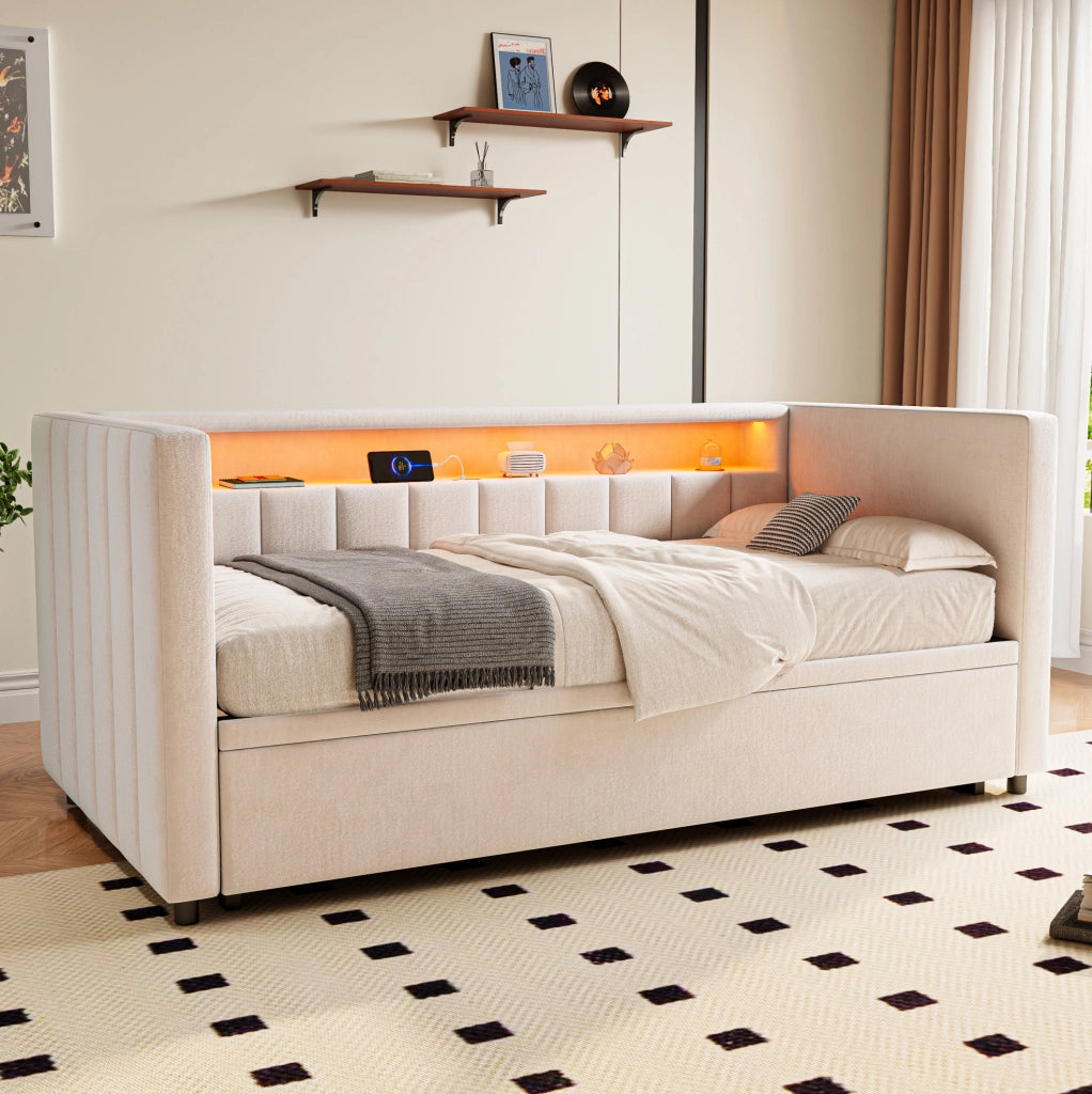 Divano letto estraibile 90x190 cm in velluto beige con LED; USB Type-C e struttura legno-metallo