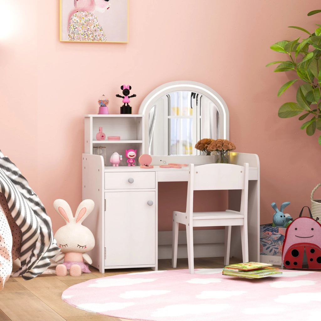 Set tavolo da trucco per bambini con sedia mensole cassetto e anta-Toeletta da trucco in legno con luci LED Bianco