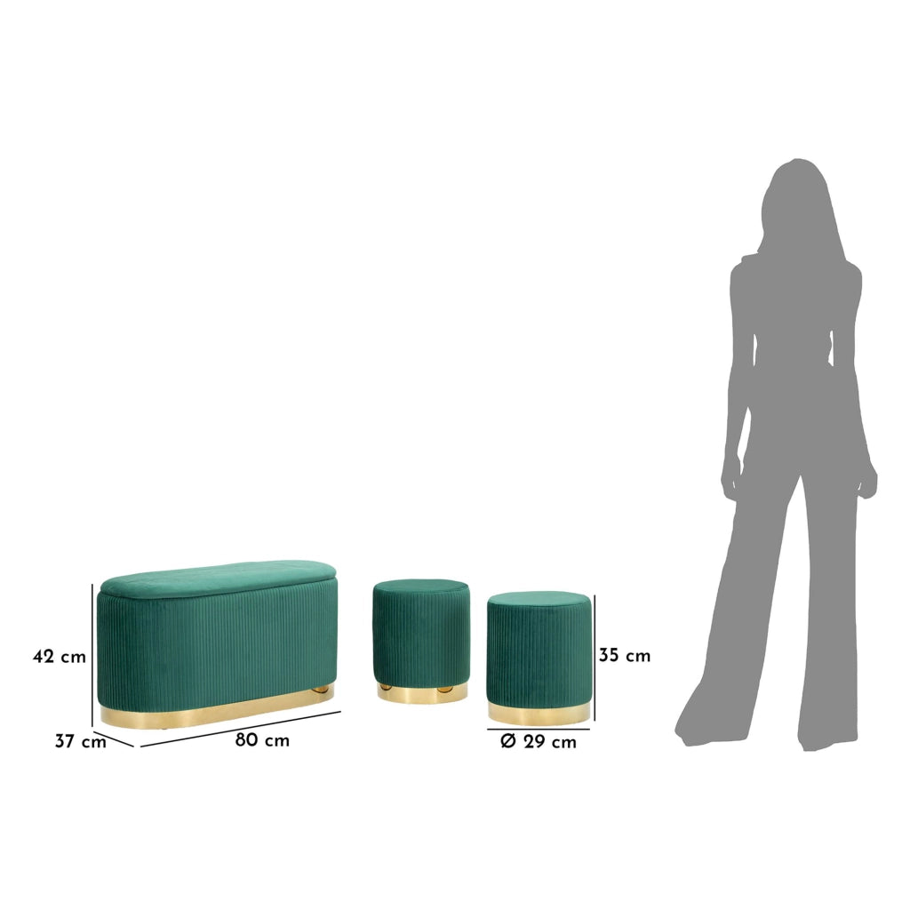 Soroti, Panca con due Sgabelli, Panca Contenitore, 80x37x42h cm Verde