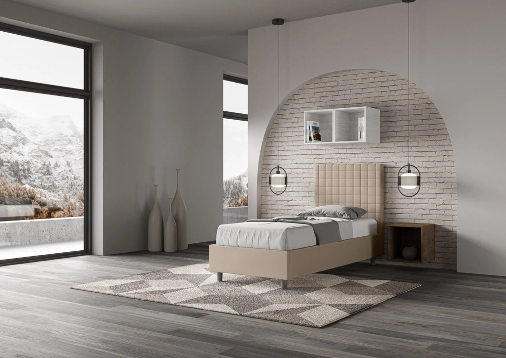 BS COM Letto singolo con rete imbottito 80x210 similpelle tortora