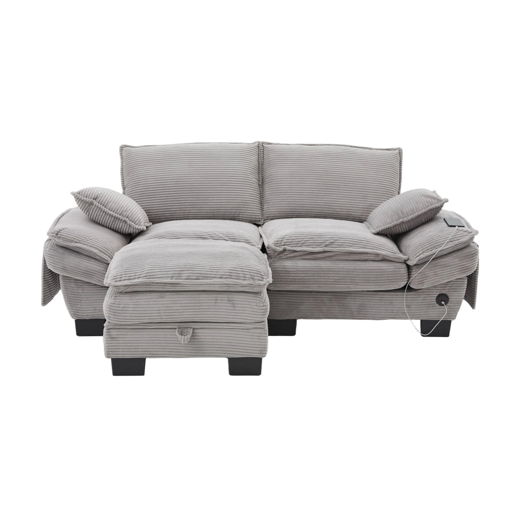 Divano 2 posti in corduroy con pouf, USB-C, tasche laterali, grigio chiaro