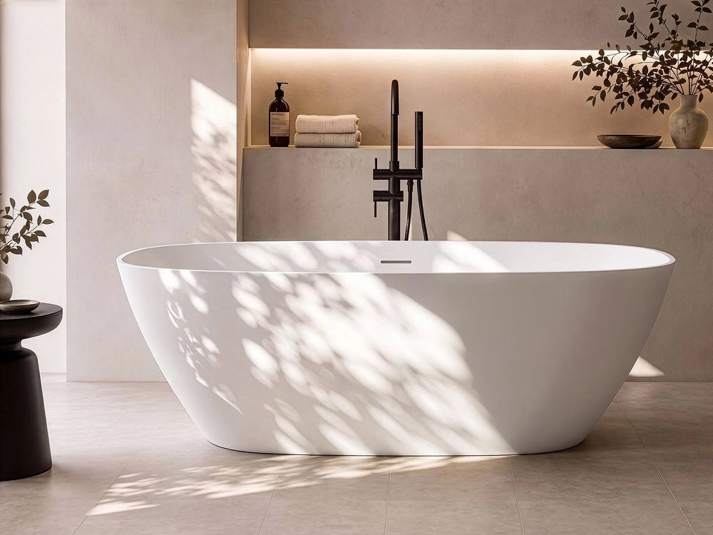 Vasca da bagno freestanding bianca in solid surface, vasca da immersione con bordo sottile, 170 cm bianca