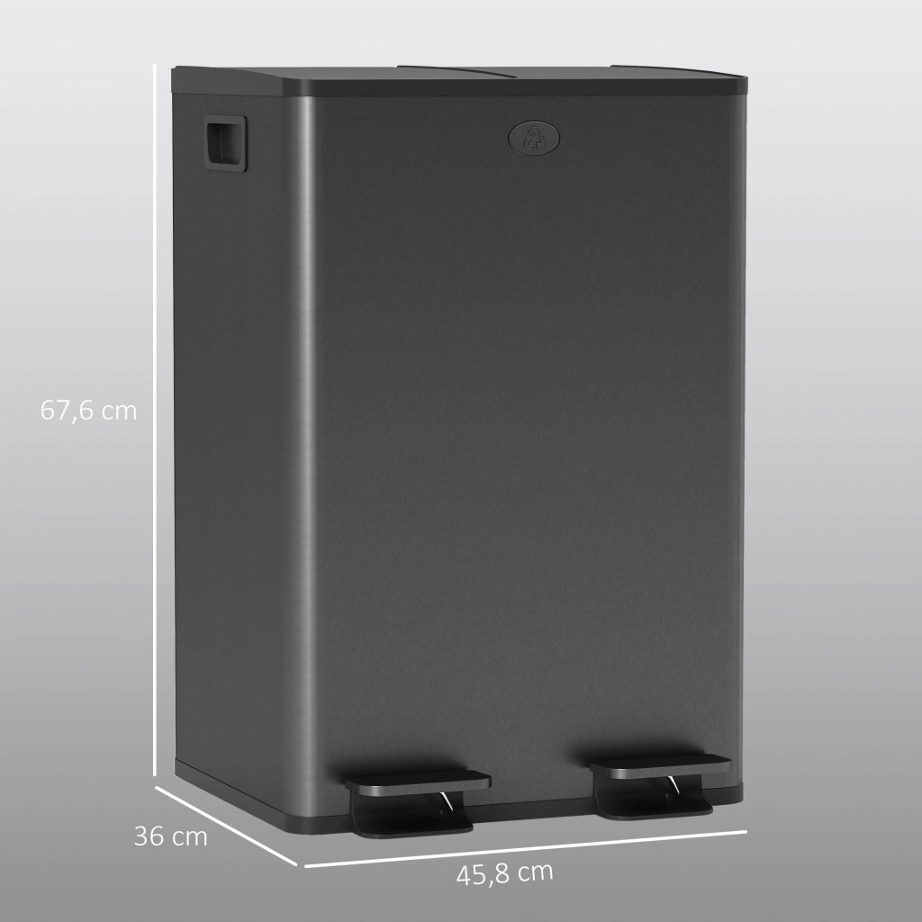 Pattumiera da Cucina 2 Scomparti ¨C Xylo ¨C 2x28L Acciaio Inox Nero Coperchio Soft-Close 45,8x36x67,6cm