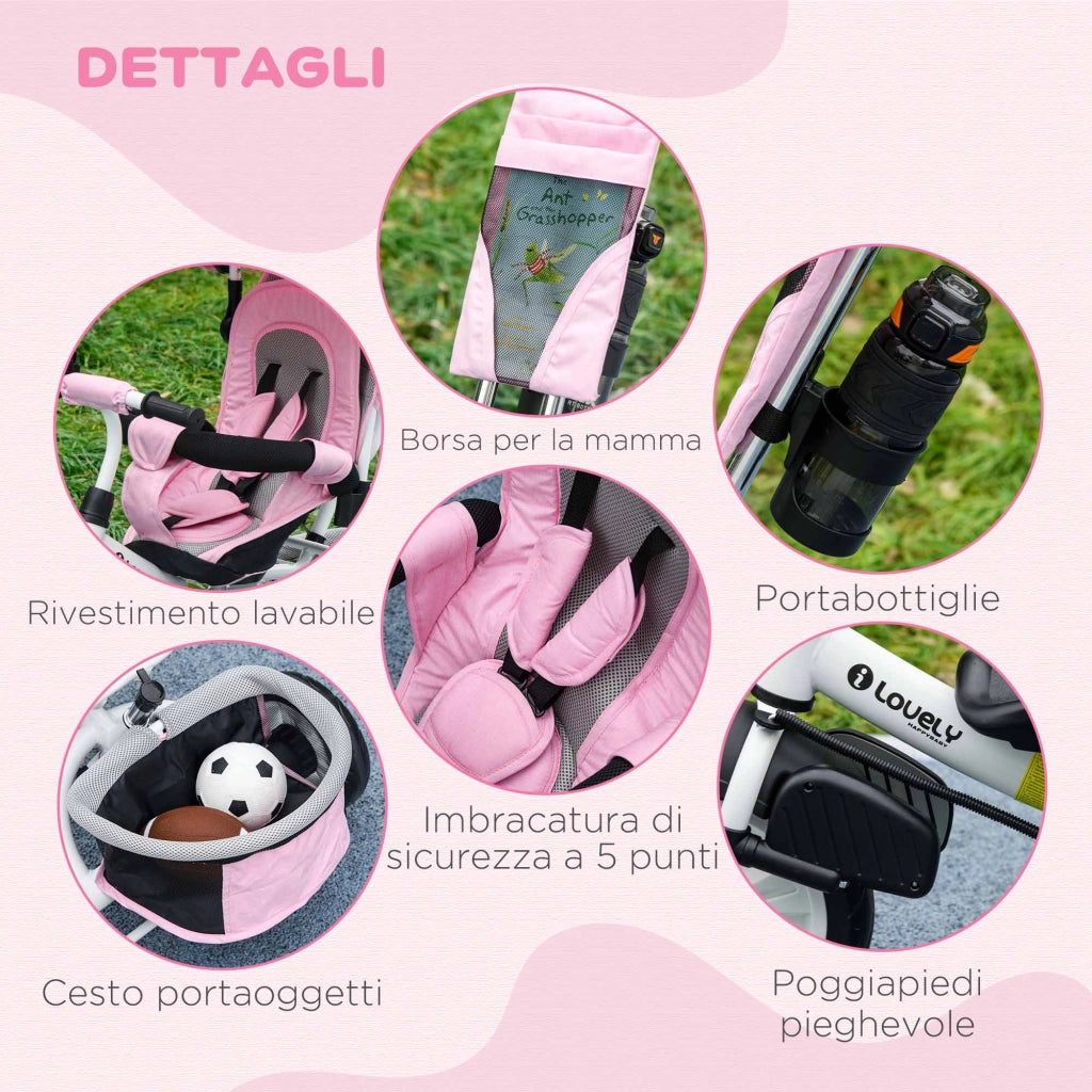 Triciclo per Bambini 1-5 Anni ¨C Xylo ¨C Bianco e Rosa con Maniglione e Tettuccio Regolabile 102x49x102 cm