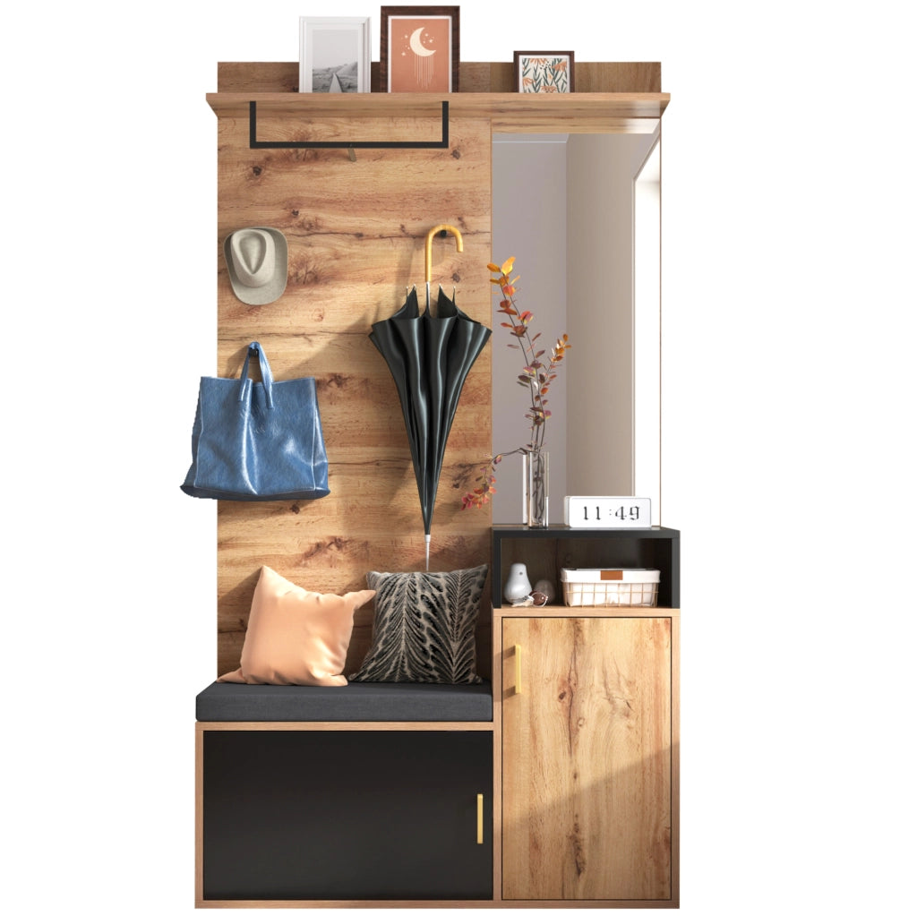 Set da ingresso 105x40x191.5 cm con specchio e panca portascarpe in MDF e truciolato nero e naturale